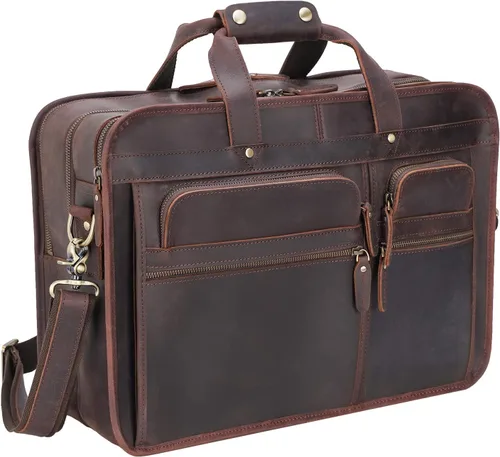 Miniatura 11 de Maletín de cuero de grano completo para hombre grande de 17 pulgadas de viaje de negocios bolsa de mensajero portátil con cremalleras de metal YKK