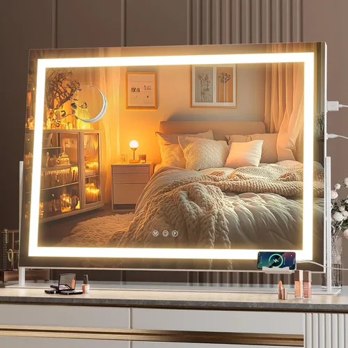 Miniatura 24 de Hasipu Espejo de tocador con luces, espejo de maquillaje LED de 24.2 x 19.7 pulgadas, espejo iluminado con aumento de 10 veces y USB, soporte