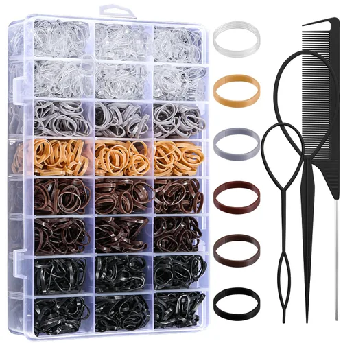 Auroray 2200 ligas elásticas para el cabello, 6 colores naturales, mini bandas de goma con herramientas para la cola del cabello y peine, accesorios