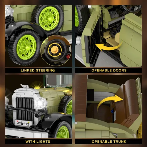 Miniatura 5 de Juego de construcción de modelo de coche clásico vintage con luz para adultos, niños y niñas (1297 unidades), modelo de autos antiguos, colección