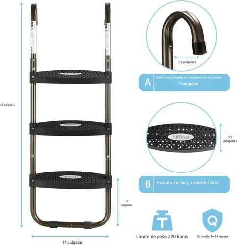 Miniatura 3 de HBTower – Escalera para cama elástica, escalera de 3 pasos con escalones anchos horizontales, escalones antideslizantes con gancho universal, acero