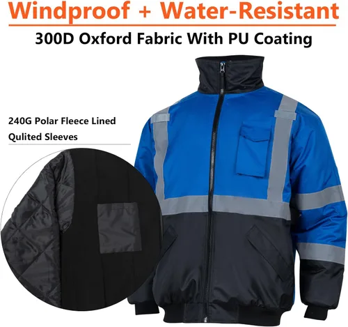 Miniatura 3 de VENDACE Chaquetas de seguridad reflectantes de alta visibilidad para hombre, forro polar ANSI Clase 1 Hi Vis, chaqueta de invierno con capucha