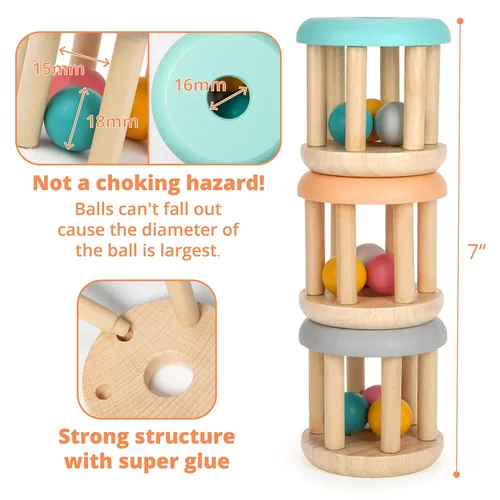 Miniatura 5 de DUCKBOXX XX Montessori Juguetes educativos para bebés, juguete de sonajero rodante de madera natural, juguete de aprendizaje temprano