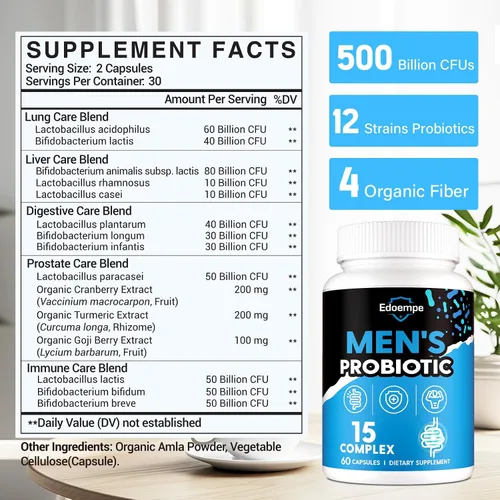 Miniatura 2 de Probióticos para hombres, 500 mil millones de UFC, 12 cepas, probióticos para hombre con arándano, goji, cúrcuma y amla, estable