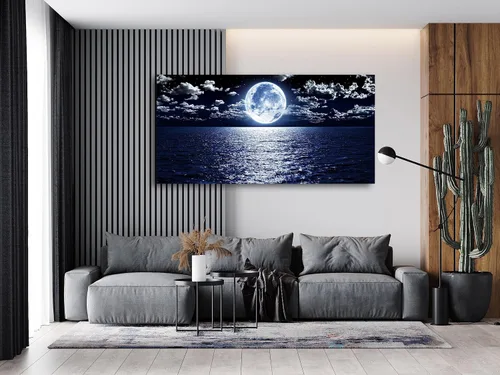 Miniatura 5 de Cao Gen Decor Art S06950 - Lienzo decorativo para pared, diseño de luna, mar, océano, paisaje, 1 panel, luna llena en nube, cuadros estirados