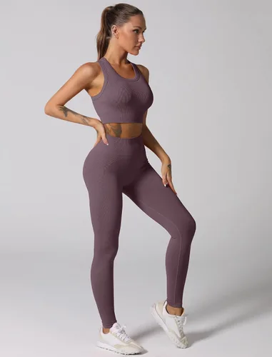 Miniatura 60 de Conjuntos de entrenamiento para mujer, 2 piezas, sin costuras, acanalada, sin mangas, brasier deportivo, cintura alta, pantalones cortos