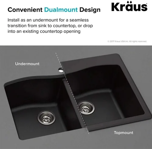 Miniatura 7 de Kraus Forteza - Fregadero de cocina de doble seno 50/50 de granito de instalación empotrada/sobre encimera, 33 pulgadas, color gris (KGD-52GREY)