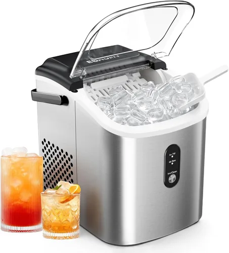 EUHOMY Máquina de hielo portátil con asa de transporte, 26.5 libras por día, 9 cubos en 6 minutos, limpieza automática, con cesta y cuchara, para el