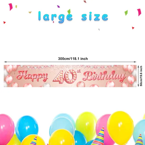 Miniatura 2 de Cartel de feliz cumpleaños número 40 color oro rosa, telón de fondo con globos de confeti para mujeres de 40 años, suministros de fiesta