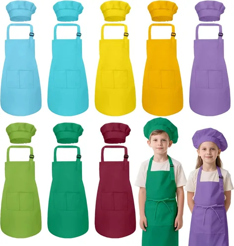 Miniatura 12 de Juego de delantal y sombrero de chef para niños, 24 piezas con 2 bolsillos ajustables para cocinar, aula, hornear, pintura, 6 a 13 años