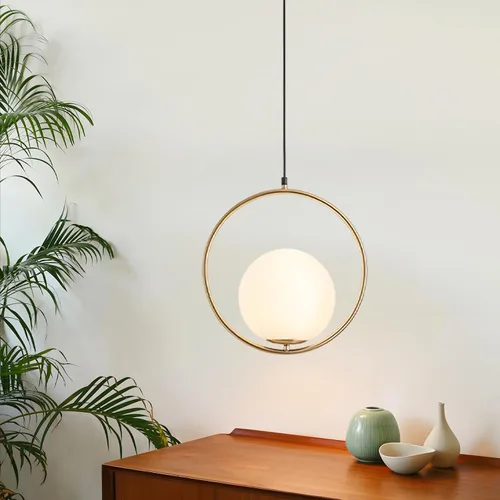 Miniatura 8 de KCO Moderna lámpara colgante de globo dorado con 1 luz individual de cristal blanco para isla de cocina, lámpara colgante ajustable de mediados
