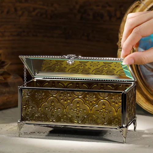 Miniatura 3 de Joyero de cristal rectangular vintage con tapa con bisagras, anillo de joyería, pulsera, caja de exhibición de metal de recuerdo, caja