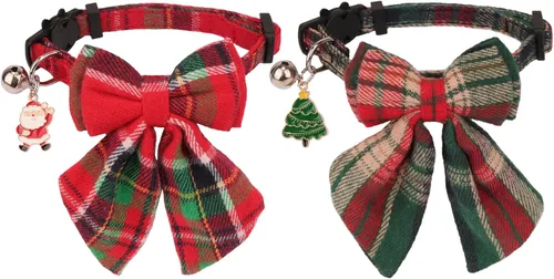 Miniatura 13 de PTDECOR Paquete de 2 Collares de Navidad para Gatos, Collar a Cuadros con Cascabel de Moño Extraíble, Collares de Navidad con Moño a Cuadros de Arco