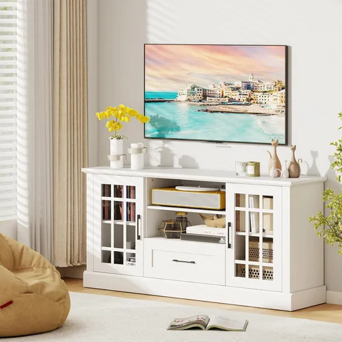 Miniatura 3 de LOKO Armario de TV de 62 pulgadas, mesa consola multimedia con 2 armarios y cajones de puerta de cristal, para televisores de hasta 70 pulgadas