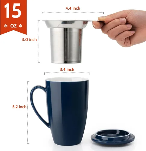 Miniatura 2 de Sweese Taza de té de cerámica de 15oz con infusor y tapa, apta para microondas y lavavajillas, infusor de té de hojas sueltas extra fino, asa Azul