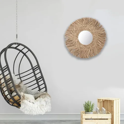 Miniatura 4 de Pssopp Espejo de pared de tejido de paja, espejo de decoración de pared, imágenes HD, hermoso retro, fácil de colgar, decorativo para baño (natural)