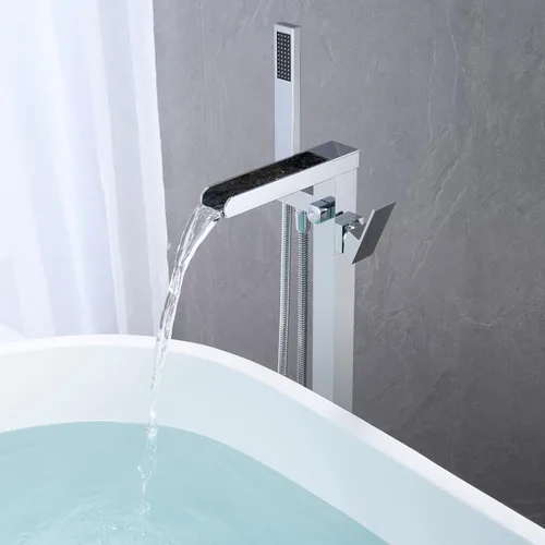 Miniatura 5 de Wowkk Llenador de bañera independiente, grifo de bañera cascada, cromo, montaje en piso, latón, manija única, grifos de baño con ducha de mano