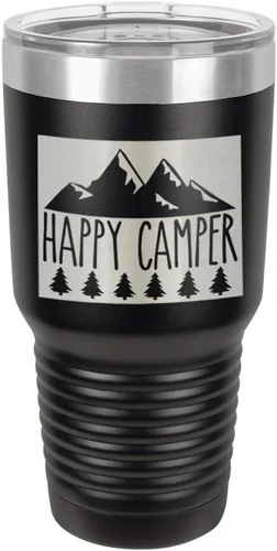 Taza de viaje de acero con recubrimiento de polvo grabado con láser, con grabado de 30 oz de HAPPY CAMPER 3 grabado en polvo, sin BPA, para mantener