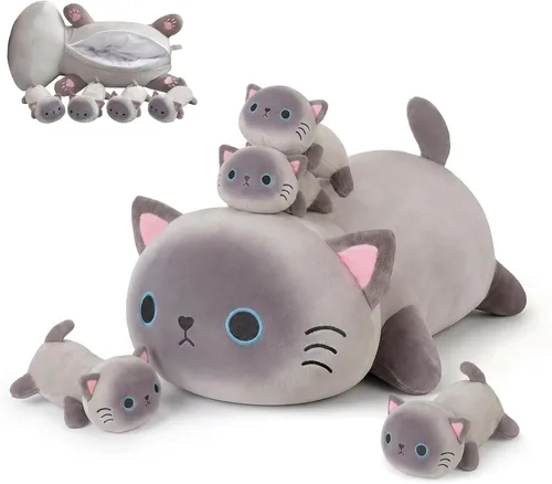 Miniatura 10 de SQEQE Peluche de gato negro con 4 bebés, gato en la barriga, lindo gato negro de peluche para niños, regalos ideales para Navidad, San Valentín