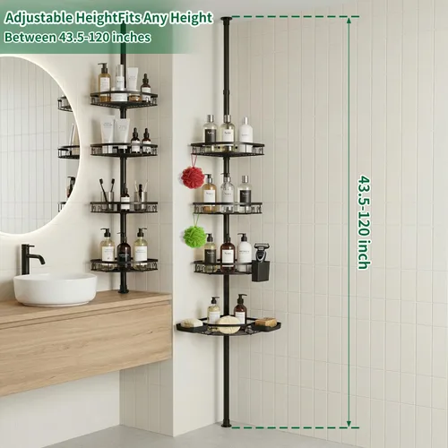 Miniatura 7 de Poste de tensión ajustable para ducha, organizador de baño de esquina de 4 niveles con bandejas de jabón y soporte para cepillos de dientes, estante