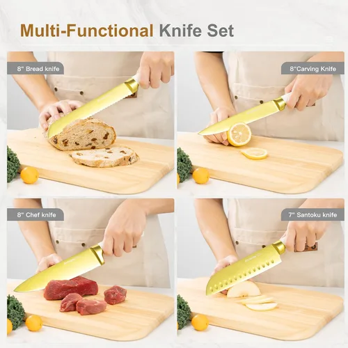 Miniatura 7 de Astercook Juego de cuchillos de cocina de 15 piezas, con revestimiento de titanio dorado saludable, juego de cuchillos de espiga completa con bloque