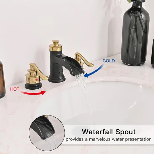Miniatura 4 de BWE Grifo de baño generalizado de 3 agujeros, negro y dorado, 8 pulgadas, dos asas, grifo de lavabo comercial con tapón de drenaje desplegable