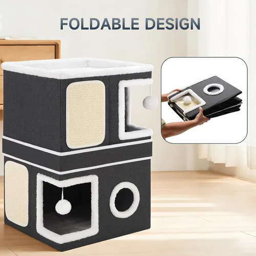 Miniatura 7 de Casa de Gato de 2 Pisos para Gatos de Interior, Separable en 2 Grandes Camas de Gato Cueva con Condominios Escondidos, Almohadillas para Rascar