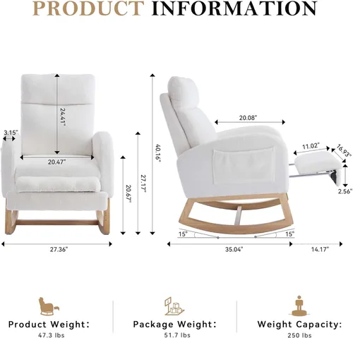 Miniatura 2 de Mecedora de lactancia de 40 pulgadas, sillas de guardería con reposapiés ajustable, respaldo alto, sillón tapizado con bolsillos laterales, mecedora