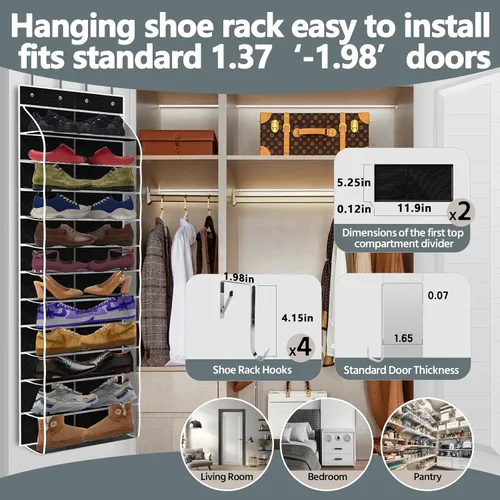 Miniatura 5 de PAULONE Organizador de zapatos de 12 bolsillos para colocar sobre la puerta, reutilizable, transpirable, bolsa grande de malla, organizador
