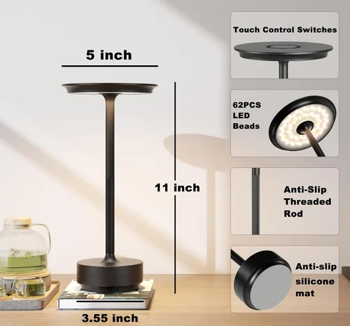 Miniatura 7 de Lámpara de mesa inalámbrica, luz LED de mesa recargable con 3 ajustes de temperatura, atenuación continua, batería de 5000 mAh, USB-C, memoria