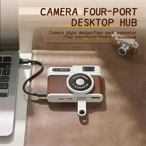 Miniatura 3 de Hub USB C, concentrador USB de 4 puertos con 2 puertos USB-A 2.0 y 2 puertos USB-C, adaptador USB compacto estilo cámara vintage para laptop