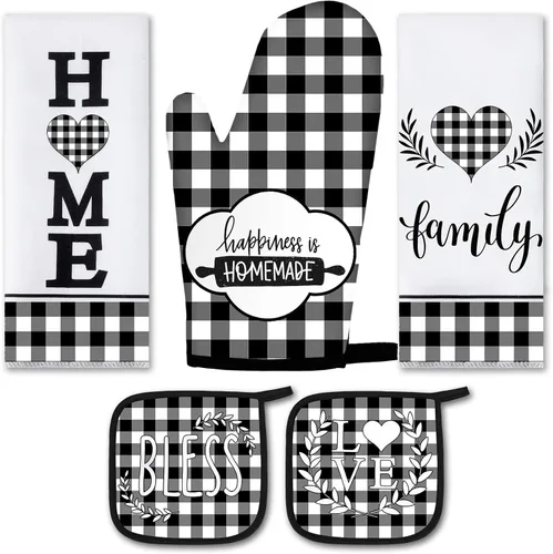 Juego de 5 toallas de cocina a cuadros de búfalo, guantes de horno y soporte para ollas, toallas de cocina en blanco y negro, almohadillas calientes