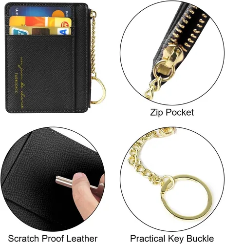 Miniatura 101 de URAQT Cartera para tarjetas de crédito, cartera minimalista de cuero delgado con cremallera, mini protector de tarjeta de crédito, llavero bolsillo