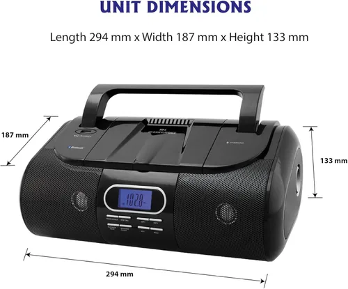Miniatura 5 de HANNLOMAX Boombox portátil HX-318CD CD/MP3/USB, radio FM PLL, Bluetooth, 1 puerto USB para reproducción de MP3, 1 puerto USB para carga de 1A, Negro