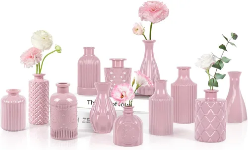 Miniatura 21 de TBWIND Juego de 12 jarrones de cristal verde, pequeños jarrones para flores, florero para centros de mesa a granel, mini jarrón vintage