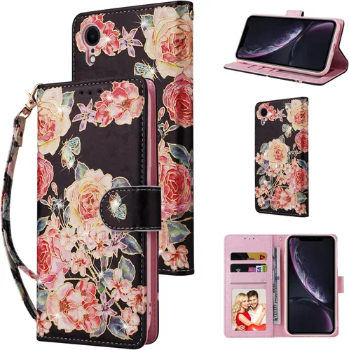 UEEBAI Funda tipo cartera para iPhone XR, piel sintética, función atril, bloqueo RFID, con ranuras para tarjetas, correa de muñeca, diseño grabado,