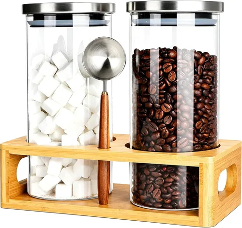 DTUQYX Juego de recipientes de café, recipiente de vidrio con tapas herméticas, cuchara de acero inoxidable, tarros de almacenamiento de granos de