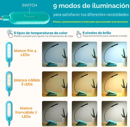 Miniatura 2 de VAVOFO Luz de libro con clip para cama para niños, 7 luces LED de lectura con 9 niveles de luz blanca cálida fría luz de día, lámpara de cuidado