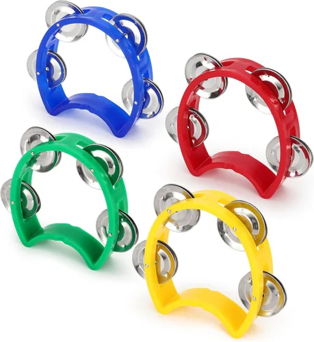 Paquete de 4 panderetas de percusión de plástico, mini campanas de percusión con 4 cascabeles, instrumento musical de percusión de mano para adultos