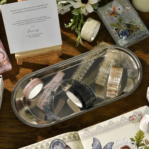 Miniatura 5 de 6 rollos de cintas de PET con patrones de encaje de artes florales, juego de cintas decorativas adhesivas transparentes de enmascarar para Suave