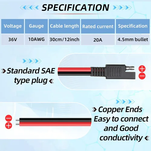 Miniatura 3 de Frienda Paquete de 8 cables de extensión de conectores rápidos SAE de 10 AWG de 2 pines, conectores de 1 pie de 12 V para desconectar el arnés