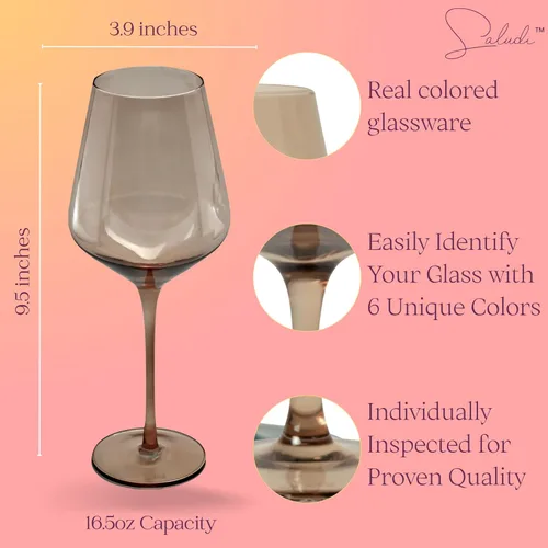 Miniatura 4 de Saludi Copas de vino originales Smokey Sand, 16.5 onzas (juego de 6) con tallo de un solo color, vidrio neutro ámbar ahumado marrón, ideal para todo