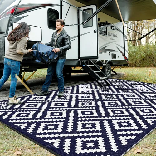 Miniatura 42 de GENIMO Alfombra de exterior impermeable de 5 x 8 pies, alfombras reversibles, alfombra de área, alfombra de plástico para exteriores, alfombra Negro