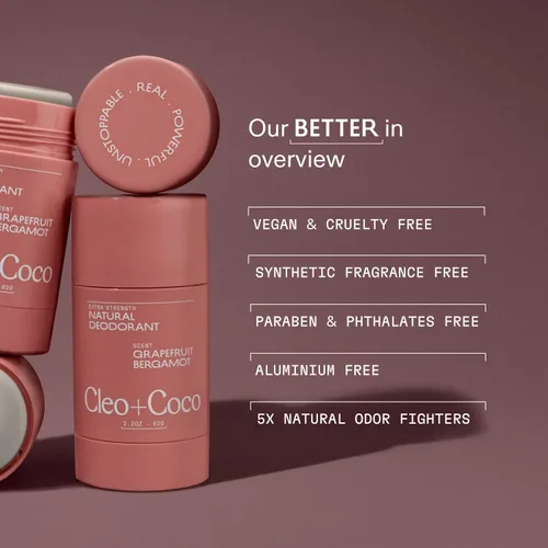 Miniatura 5 de Cleo+Coco Bálsamo Desodorante Extra Fuerte, Toronja Bergamota (2.2 oz), Desodorante Natural Sin Aluminio para Mujeres y Hombres con 5X Combatientes