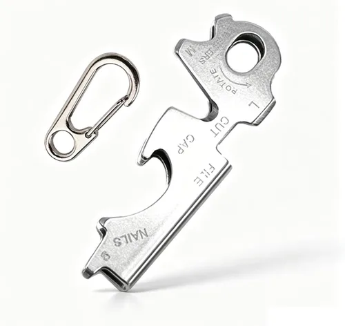 Miniatura 9 de Llavero EDC de acero inoxidable 8 en 1 con pinzas, destornilladores, abridor de botellas, cortador de cuerda y lima de uñas, mini herramienta