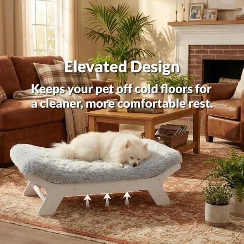 Miniatura 2 de Muihood Marco de cama elevado de madera para perro y colchón de espuma para jaula de huevos, lujoso adecuado para mascotas de hasta 45 libras