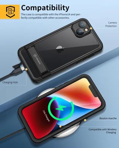 Miniatura 6 de Lanhiem Funda para iPhone 14 con soporte, IP68 impermeable a prueba de polvo con protector de pantalla integrado, cuerpo completo, a prueba