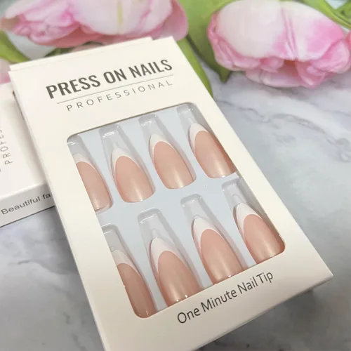 Miniatura 4 de Uñas postizas largas a presión de almendra, uñas postizas Aurora con punta francesa, 24 unidades, naturales, brillantes, cobertura completa