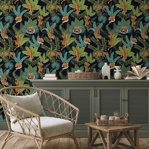 Miniatura 6 de CHIHUT Papel tapiz de tigre tropical de selva para despegar y pegar, papel tapiz de animales safari, papel de contacto con hojas de palma, papel