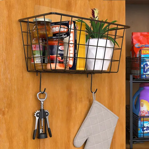 Miniatura 2 de MaraFansie Cestas de cocina colgantes de alambre para almacenamiento sobre el organizador de la puerta del gabinete, cesta adhesiva sin taladrar